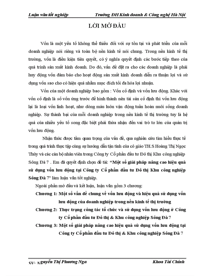 Một số giải pháp nâng cao hiệu quả sử dụng vốn lưu động tại Công ty Cổ phần đầu tư Đô thị Khu công nghiệp Sông Đà 7
