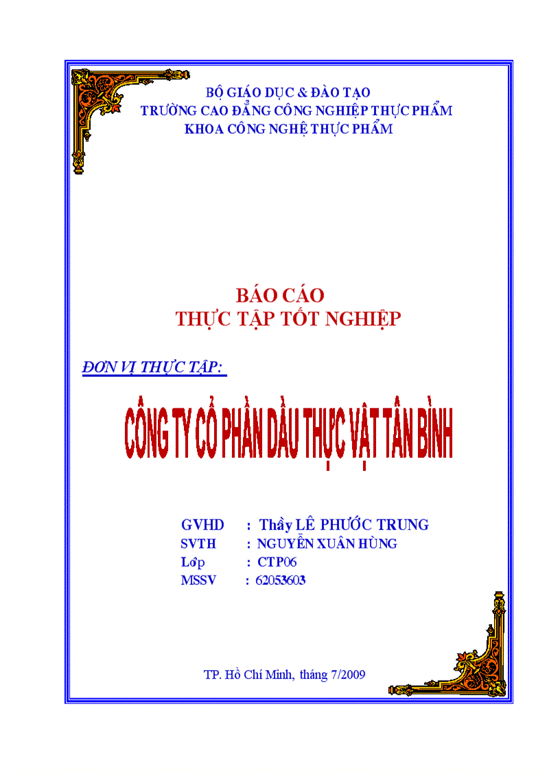 Báo cáo thực tập tốt nghiệp Công ty Cổ phần dầu thực vật Tân Bình