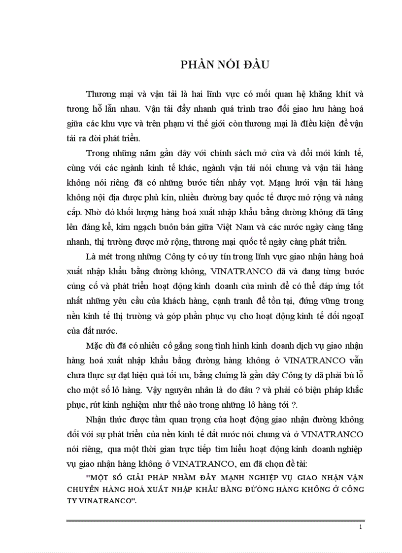 Một số giảI pháp nhằm đẩy mạnh nghiệp vụ giao nhận vận chuyển hàng hoá xuất nhập khẩu bằng đừòng hàng không ở Công ty VINATRANCO