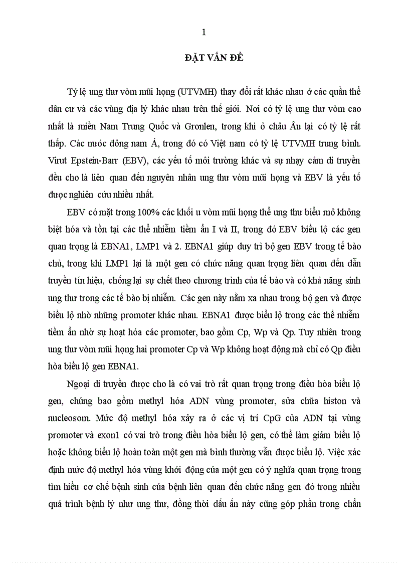 Ứng dụng PCR đa mồi đặc hiệu xác định mức độ methyl hóa các promoter điều hòa biểu lộ gen EBNA1 trong các mẫu sinh thiết bệnh nhân ung thư vòm mũi họng
