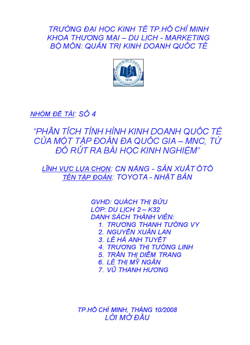 Phân tích tình hình kinh doanh quốc tế của một tập đoàn đa quốc gia mnc từ đó rút ra bài học kinh nghiệm