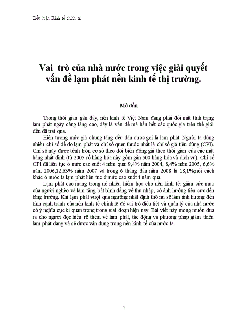 Vai trò của nhà nước trong việc giải quyết vấn đề lạm phát nền kinh tế thị trường