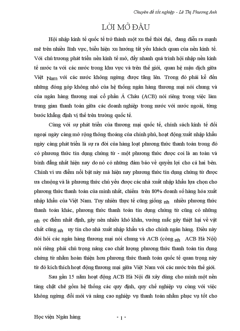Giải pháp nâng cao chất lượng thanh toán tín dụng chứng từ tại Ngân hàng ACB chi nhánh Hà Nội