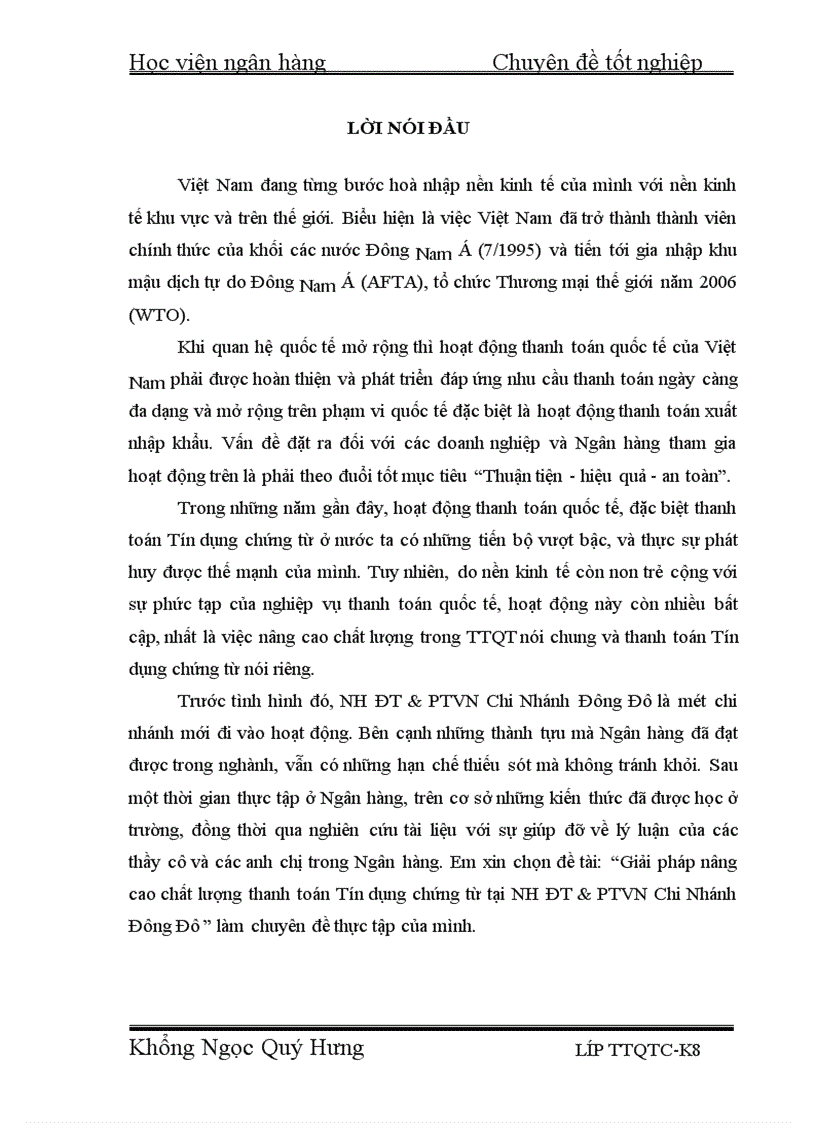 Giải pháp nâng cao chất lượng thanh toán Tín dụng chứng từ tại NH ĐT PTVN Chi Nhánh Đông Đô