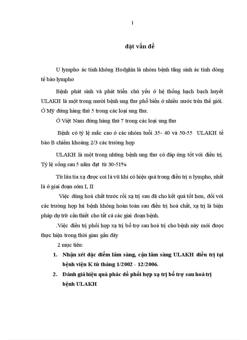 Đánh giá kết quả xạ trị bổ trợ sau hoá trị bệnh u Lympho ác tính không Hodgkin tại Bệnh viện K 2002 2006 1