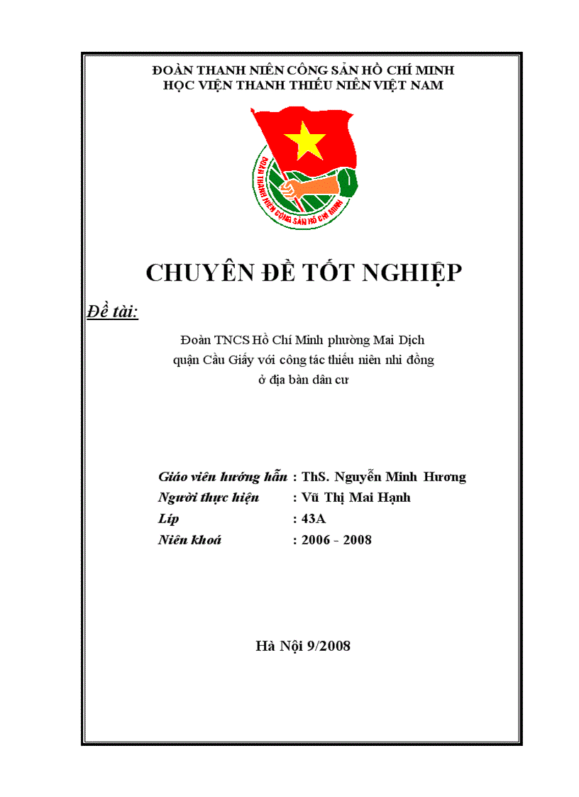 Đoàn TNCS Hồ Chí Minh phường Mai Dịch quận Cầu Giấy với công tác thiếu niên nhi đồng ở địa bàn dân cư