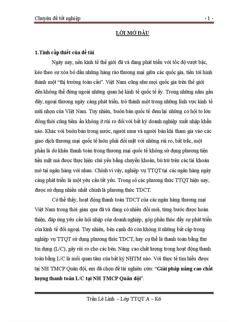 Giải pháp nâng cao chất lượng thanh toán L C tại Ngân hàng TMCP Quân đội
