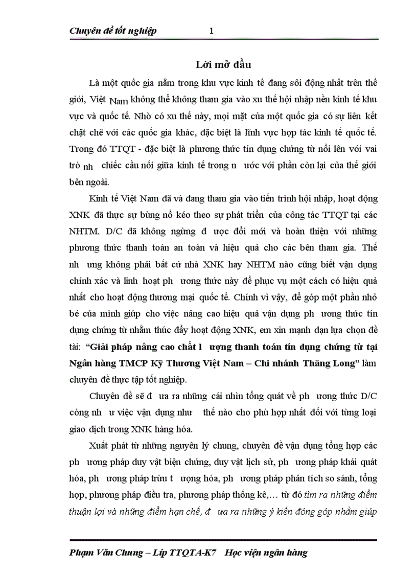 Giải pháp nâng cao chất lượng thanh toán tín dụng chứng từ tại Ngân hàng TMCP Kỹ Thương Việt Nam Chi nhánh Thăng Long