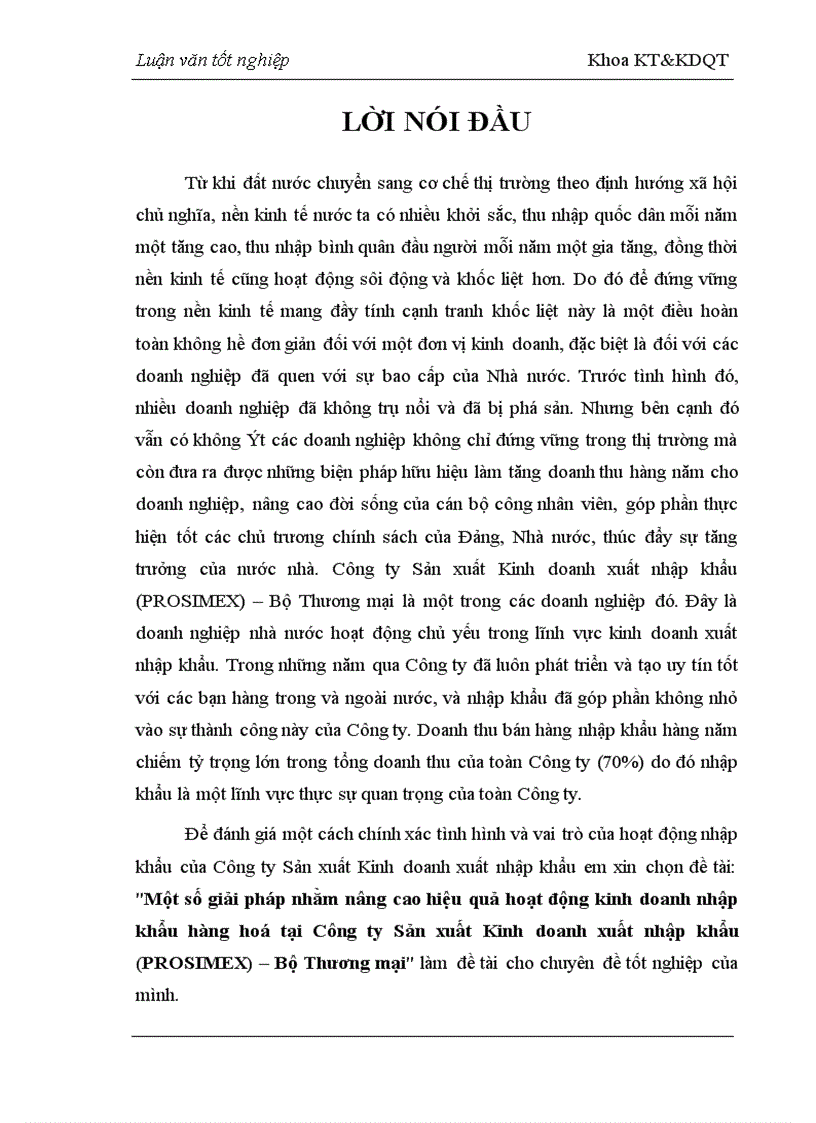 Một số giải pháp nhằm nâng cao hiệu quả hoạt động kinh doanh nhập khẩu hàng hoá tại Công ty Sản xuất Kinh doanh xuất nhập khẩu PROSIMEX Bộ Thương mại