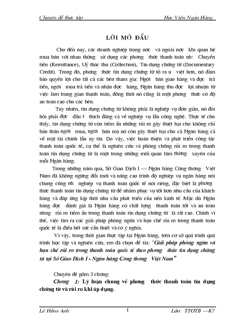 Giải pháp phòng ngừa và hạn chế rủi ro trong thanh toán quốc tế theo phương thức tín dụng chứng từ tại Sở Giao Dịch I Ngân hàng Công thương Việt Nam