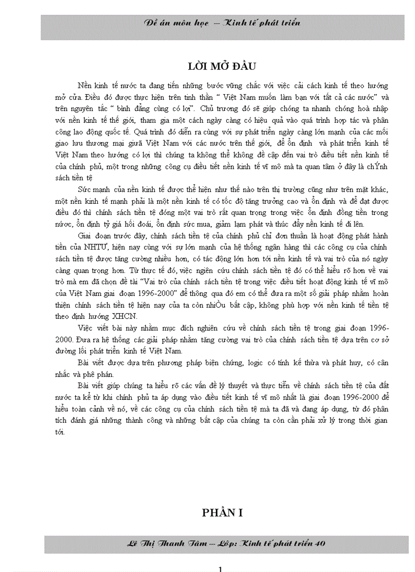Vai trò của chính sách tiền tệ trong việc điều tiết hoạt động kinh tế vĩ mô của Việt Nam giai đoạn 1996 2000