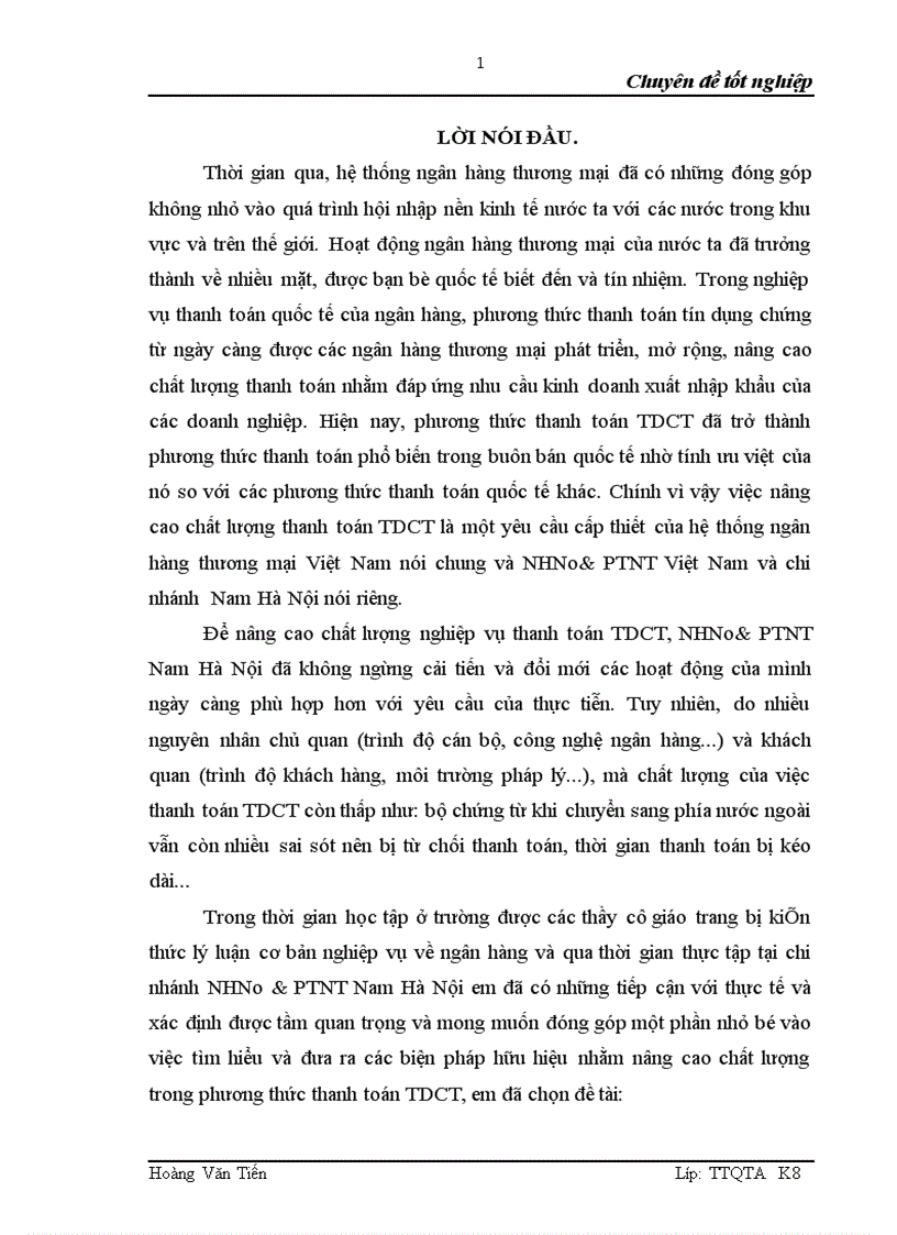 Giải pháp nâng cao chất lượng thanh toán tín dụng chứng từ tại NHNo PTNT chi nhánh Nam Hà Nội