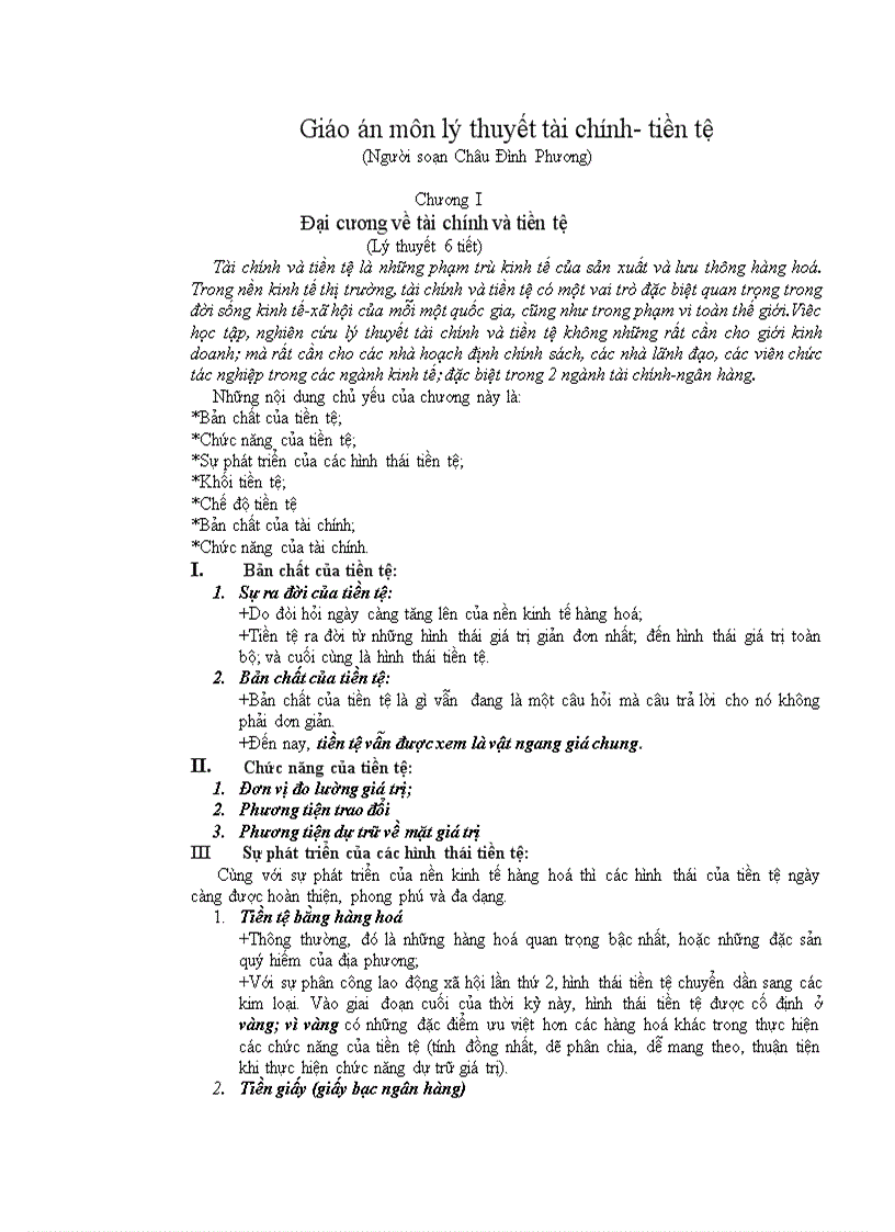 Giáo án môn lý thuyết tài chính tiền tệ