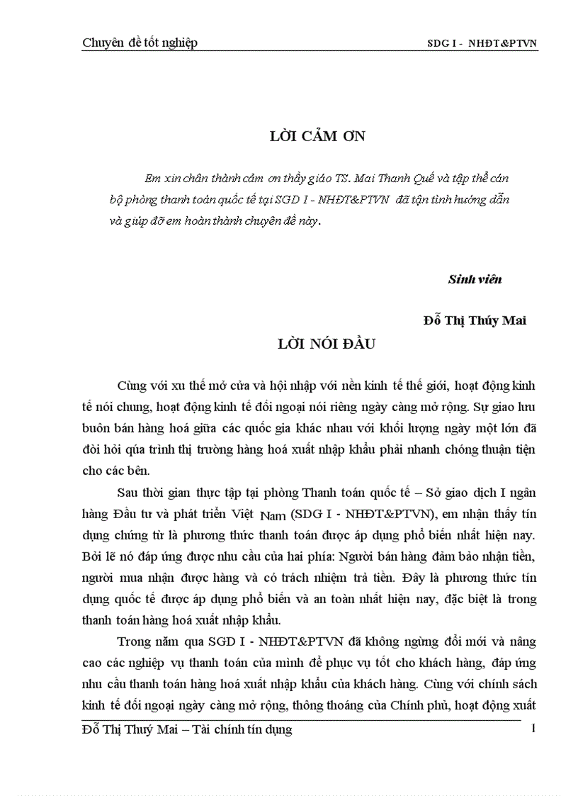 Hoạt động thanh toán quốc tế theo phương thức tín dụng chứng từ Nghiên cứu tại SGD I NHĐT PTVN