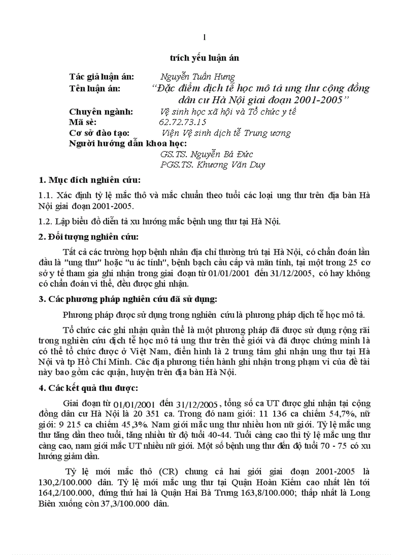 Đặc điểm dịch tễ học mô tả ung thư cộng đồng dân cư Hà Nội giai đoạn 2001 2005 1