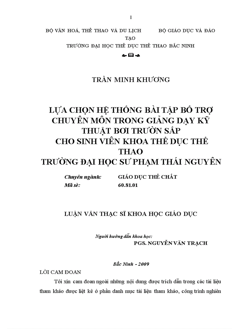 Lựa chọn hệ thống bài tập bổ trợ chuyên môn trong giảng dạy kỹ thuật bơi trườn sấp cho sinh viên khoa TDTT Trường Đại học Sư phạm Thái Nguyên