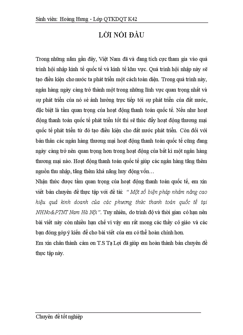 Một số biện pháp nhằm nâng cao hiệu quả kinh doanh của các phương thức thanh toán quốc tế tại NHNo PTNT Nam Hà Nội