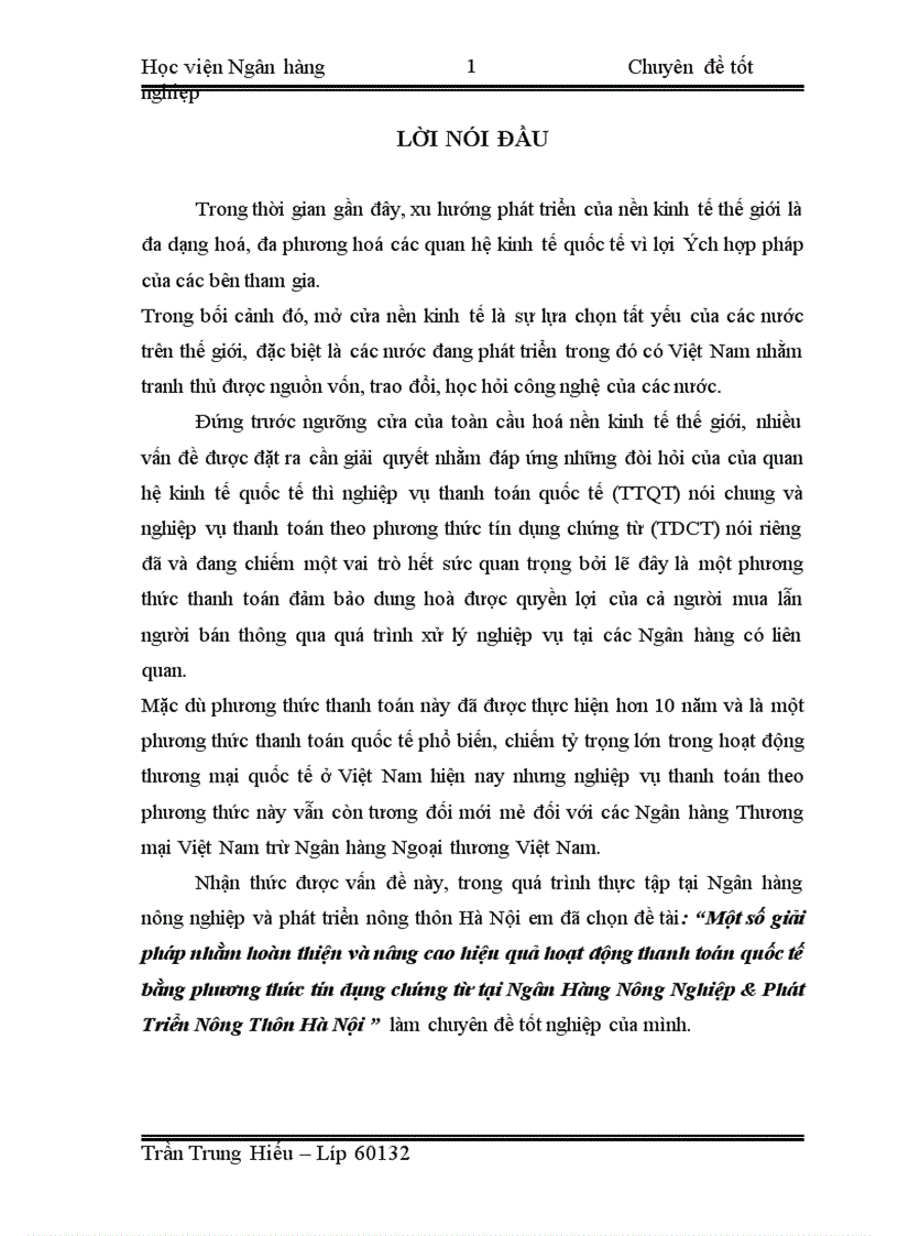 Một số giải pháp nhằm hoàn thiện và nâng cao hiệu quả hoạt động thanh toán quốc tế bằng phương thức tín dụng chứng từ tại Ngân Hàng Nông Nghiệp Phát Triển Nông Thôn Hà Nội