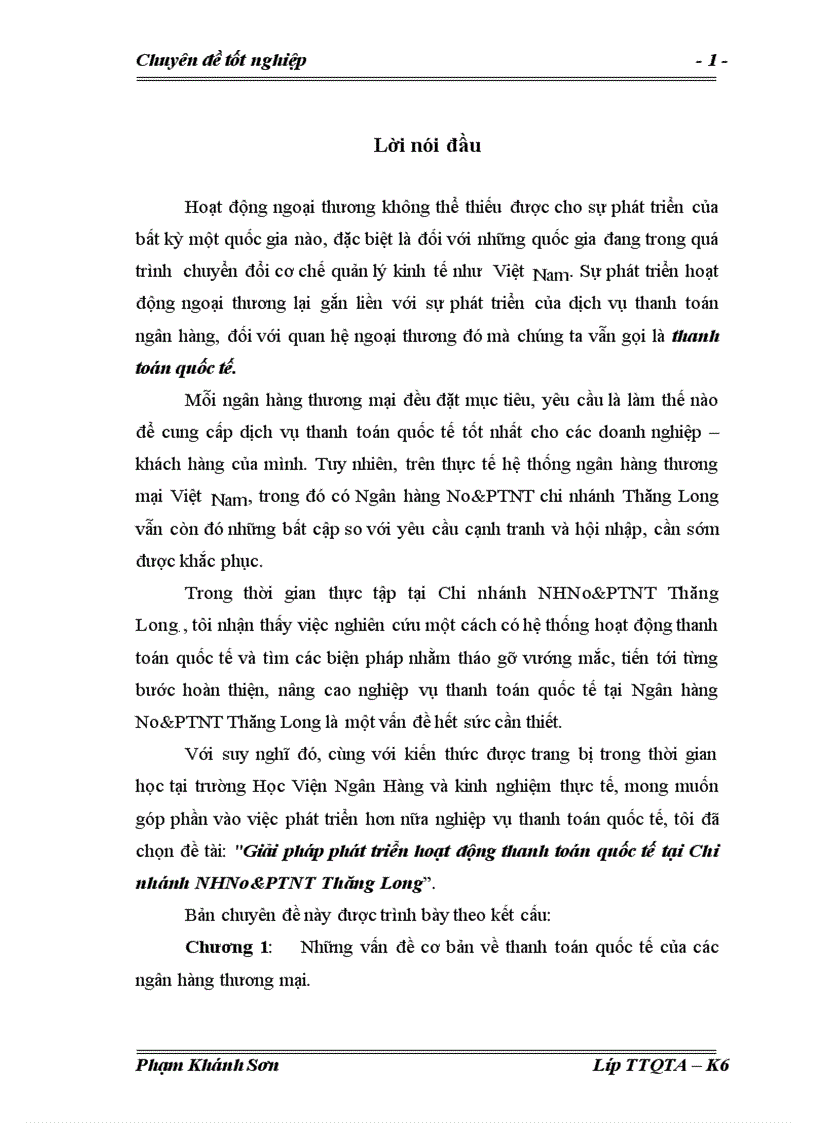 Giải pháp phát triển hoạt động thanh toán quốc tế tại Chi nhánh NHNo PTNT Thăng Long