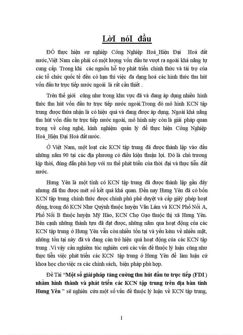 Một số giải pháp tăng cường thu hút đầu tư trực tiếp FDI nhằm hình thành và phát triển các KCN tập trung trên địa bàn tỉnh Hưng Yên