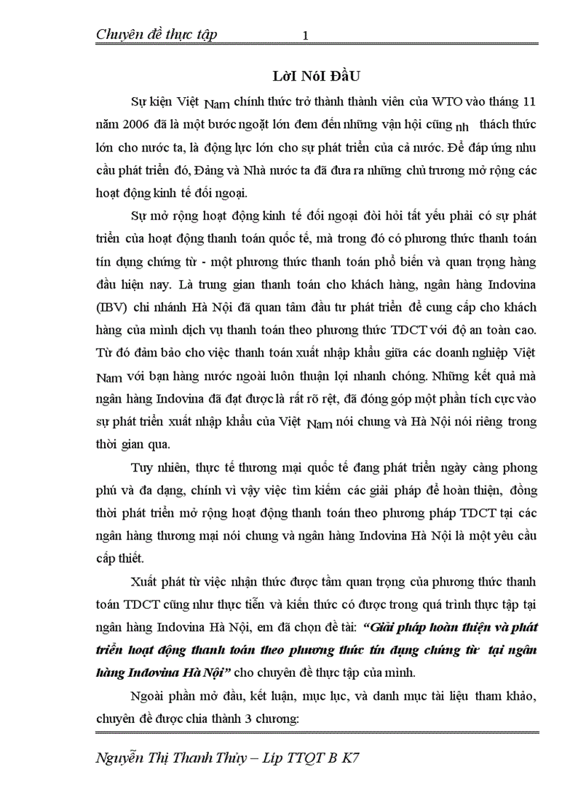 Giải pháp hoàn thiện và phát triển hoạt động thanh toán theo phương thức tín dụng chứng từ tại ngân hàng Indovina Hà Nội 1