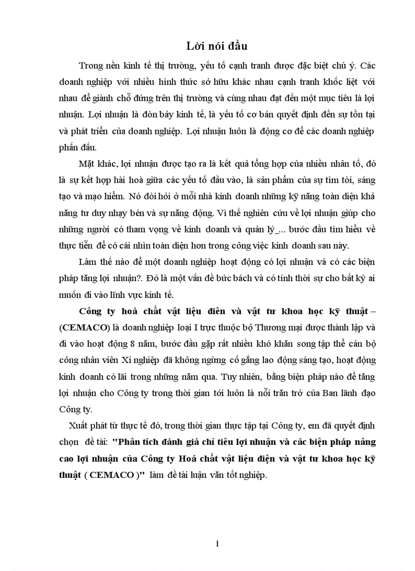 Phân tích đánh giá chỉ tiêu lợi nhuận và các biện pháp nâng cao lợi nhuận của Công ty Hoá chất vật liệu điện và vật tư khoa học kỹ thuật CEMACO
