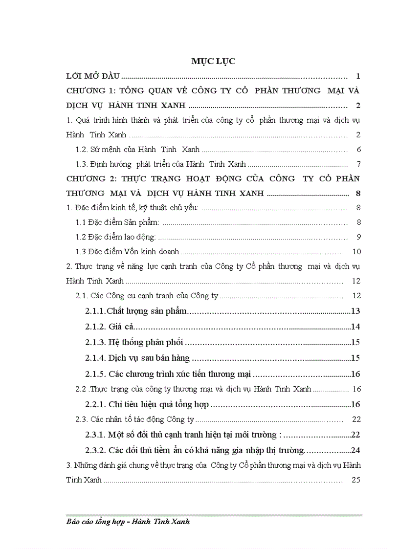 Thực trạng hoạt động của công ty cổ phần thương mại và dịch vụ HÀNH TINH XANH giai đoạn 2009 201