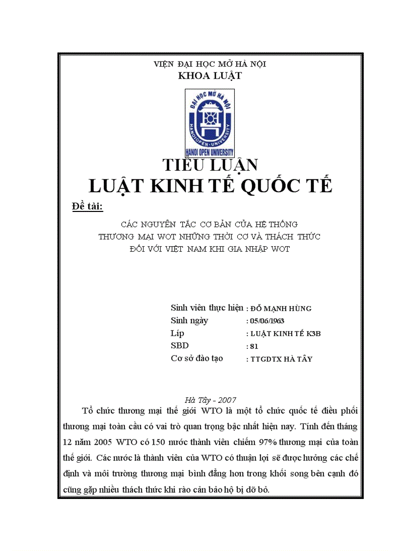 Các nguyên tắc cơ bản của hệ thống thương mại wot những thời cơ và thách thức đối với việt nam khi gia nhập wto