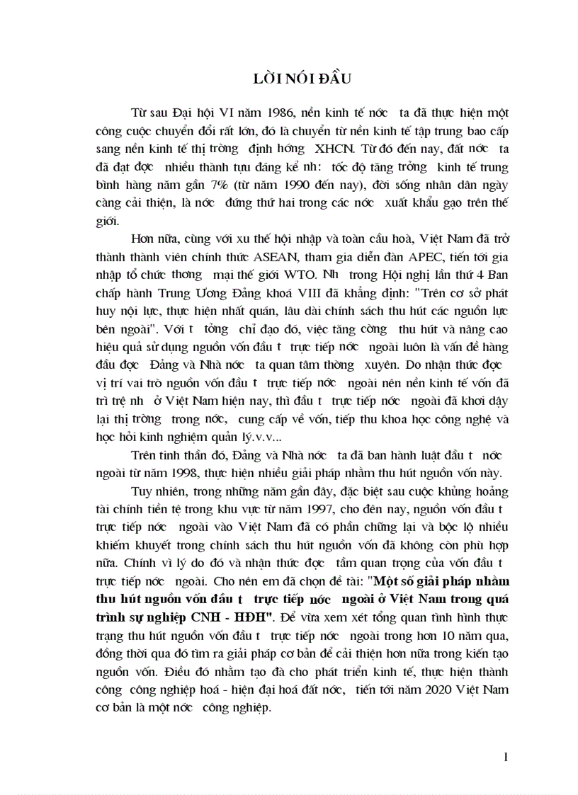 Một số giải pháp nhằm thu hút nguồn vốn đầu tư trực tiếp nước ngoài ở Việt Nam trong quá trình sự nghiệp CNH HĐH