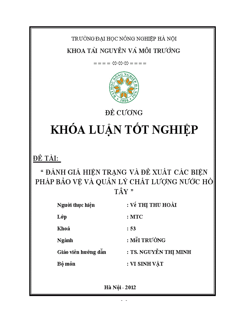 Đánh giá hiện trạng và đề xuất các biện pháp bảo vệ và quản lý chất lượng nước Hồ Tây