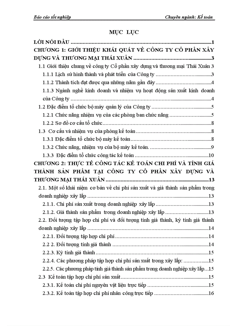 Kế toán tập hợp chi phí và tính giá thành sản phẩm xây lắp tại công ty Cổ phần xây dựng Thương mại Thái Xuân