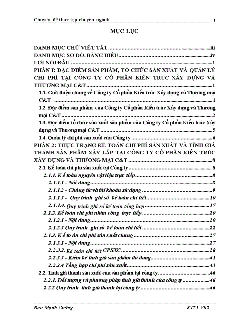 Hoàn thiện kế toán chi phí sản xuất và tính giá thành sản phẩm xây lắp tại Công ty Cổ phần Kiến trúc Xây dựng và Thương mại C T 1