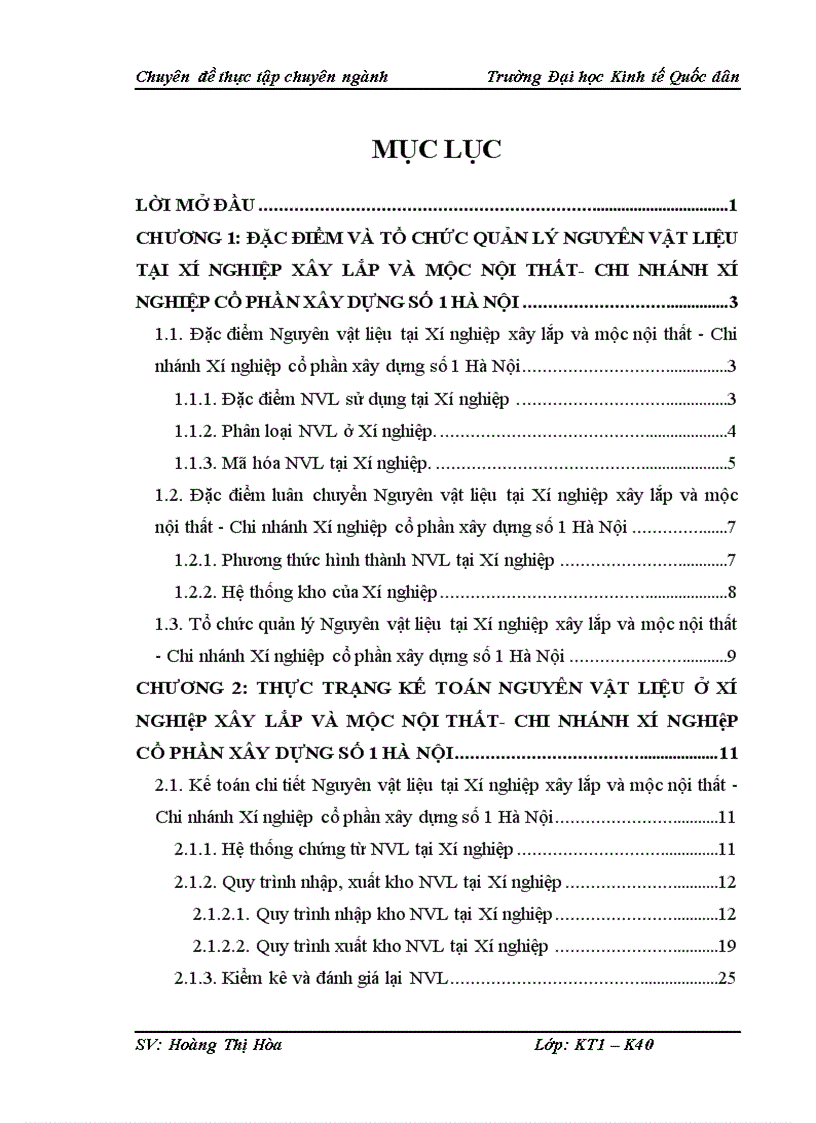 Hoàn thiện kế toán NVL tại Xí nghiệp xây lắp và mộc nội thất Chi nhánh Công ty cổ phần xây dựng số 1 Hà Nội