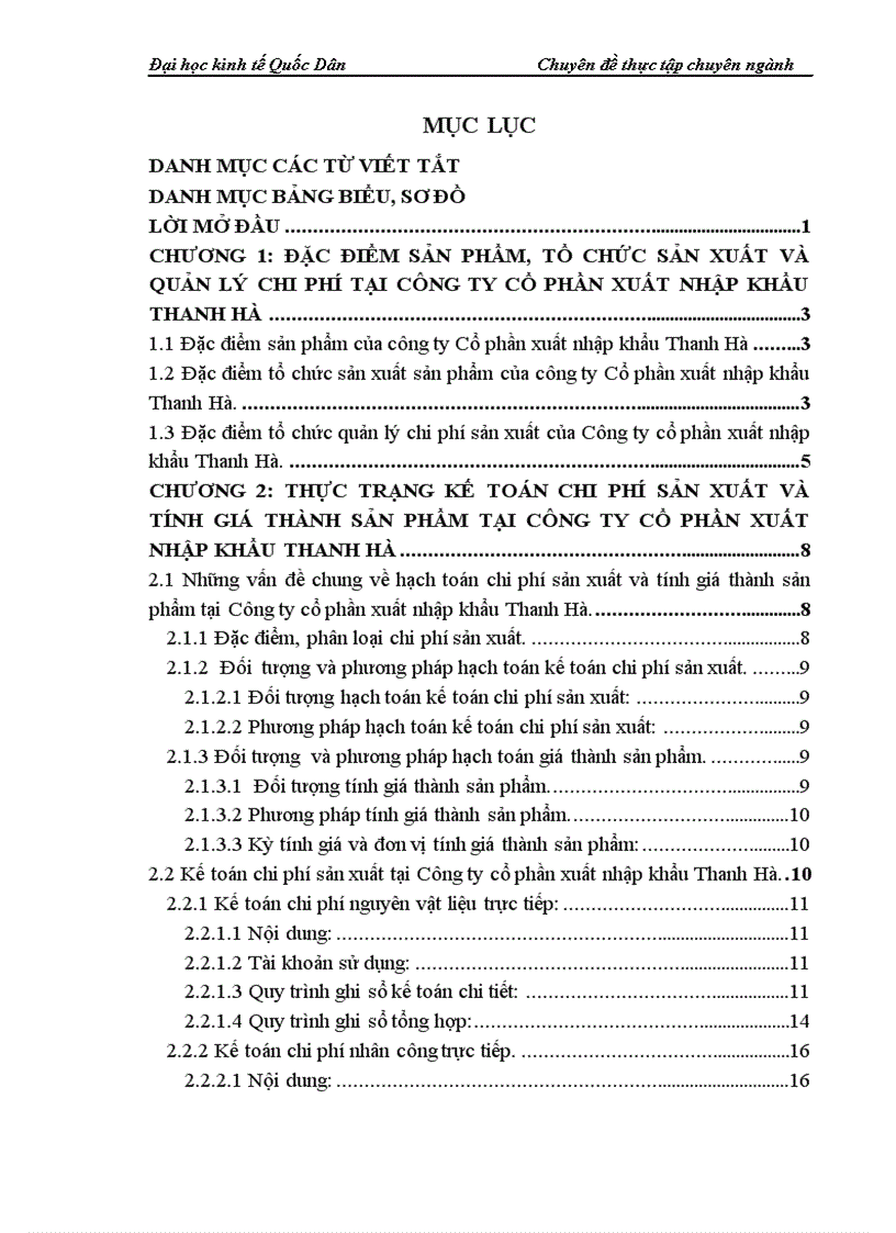 Hoàn thiện kế toán chi phí sản xuất và tính giá thành sản phẩm tại Công ty cổ phần xuất nhập khẩu Thanh Hà để làm chuyên đề thực tập tốt nghiệp