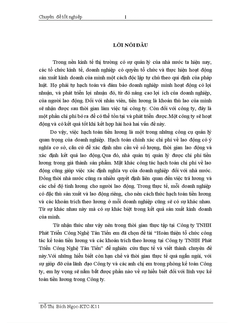Hoàn thiện tổ chức công tác kế toán tiền lương và các khoản trích theo lương tại Công ty TNHH Phát Triển Công Nghệ Tân Tiến 1