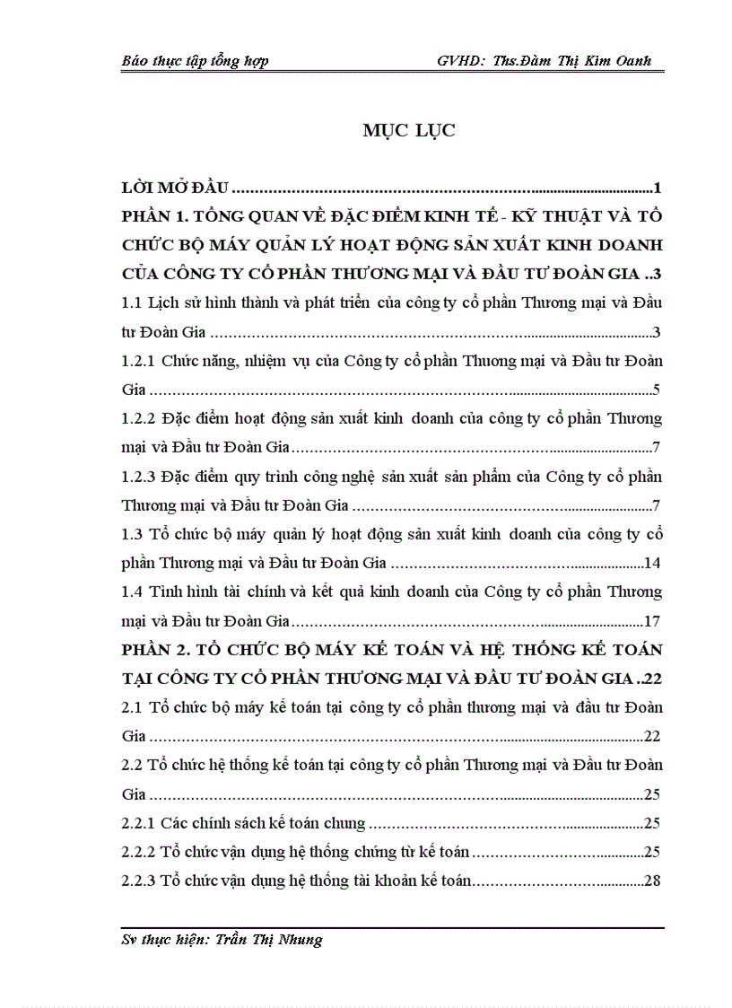 Tổ chức bộ máy kế toán và hệ thống kế toán tại Công ty cổ phần Thương mại và Đầu tư Đoàn Gia 1
