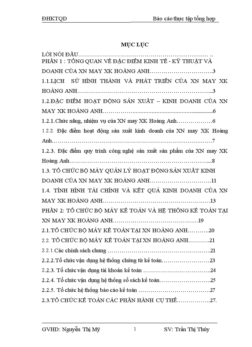 Báo cáo thực tập tổng hợp vềtổ chức bộ máy kế toán và hệ thống kế toán tại xn may xk HOÀNG ANH