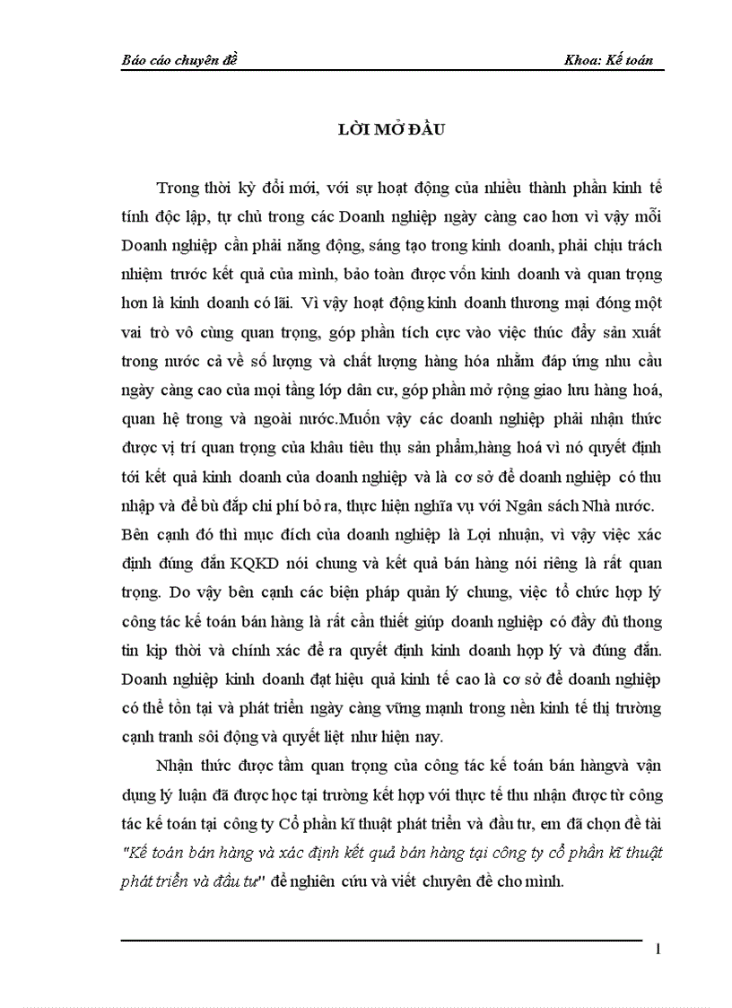 Kế toán bán hàng và xác định kết quả bán hàng tại công ty cổ phần kĩ thuật phát triển và đầu tư 1