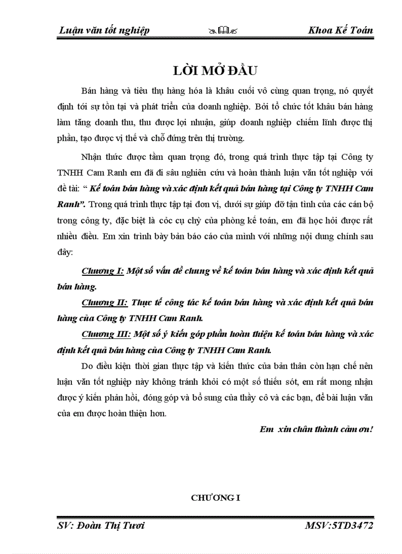 Kế toán bán hàng và xác định kết quả bán hàng tại Công ty TNHH Cam Ranh 1