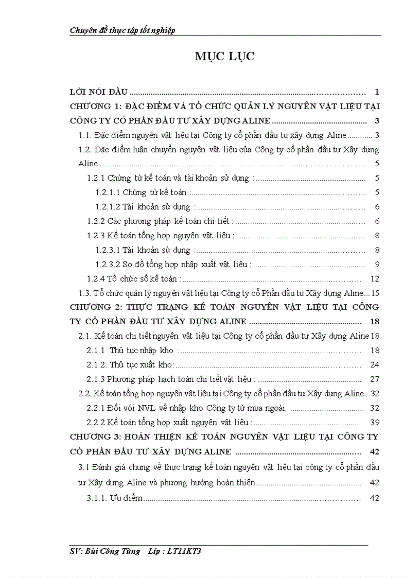 Hoàn thiện kế toán nguyên vật liệu tại Công ty cổ phần đầu tư Xây dựng Aline 1