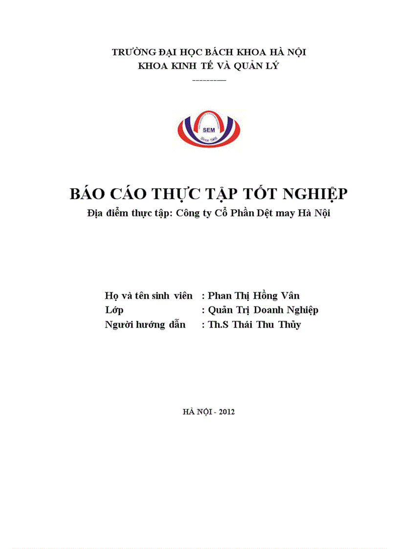 Báo cáo thực tập tốt nghiệp tại Công ty Cổ Phần Dệt may Hà Nội