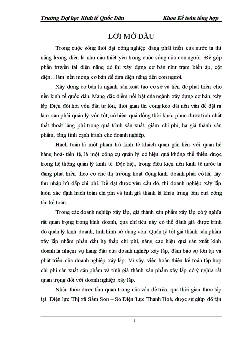 Hoàn thiện kế toán chi phí sản xuất và tính giá thành sản phẩm tại Điện lực Thị xã Sầm Sơn