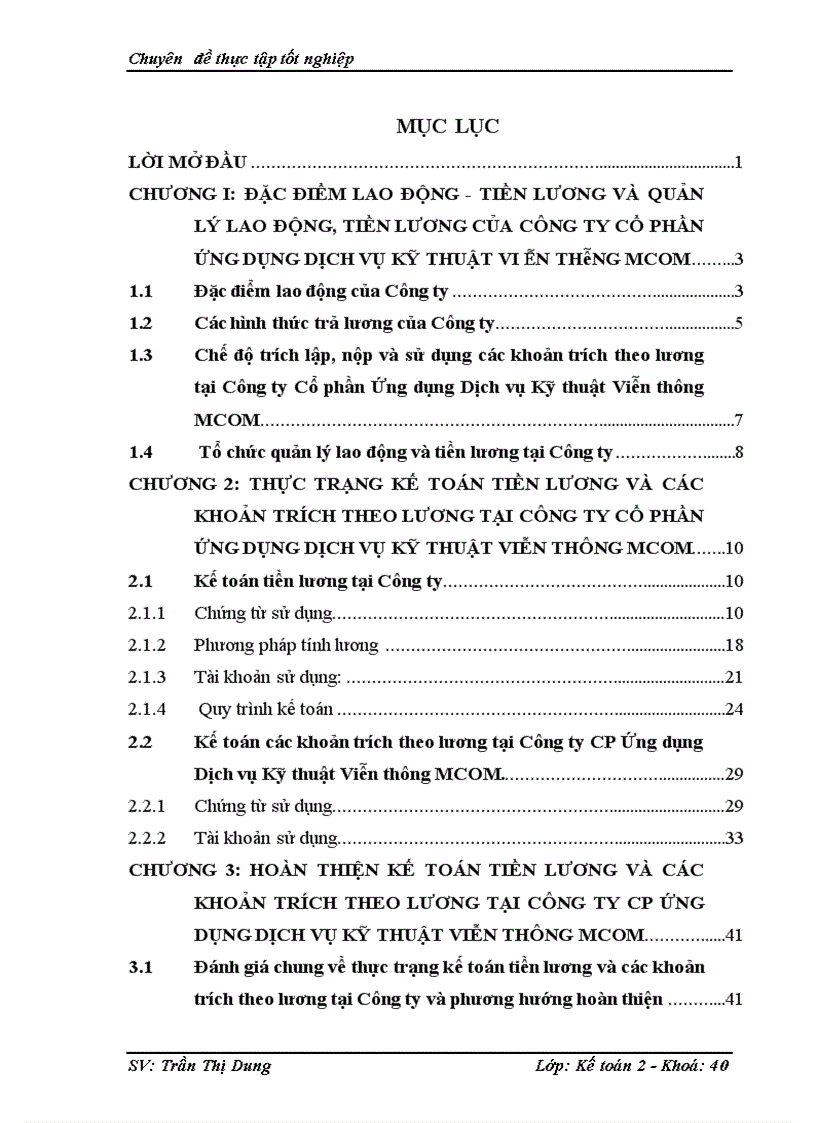 Hoàn thiện kế toán tiền lương và các khoản trích theo lương tại công ty Cổ phần Ứng dụng Dịch vụ Kỹ thuật Viễn thông MCOM