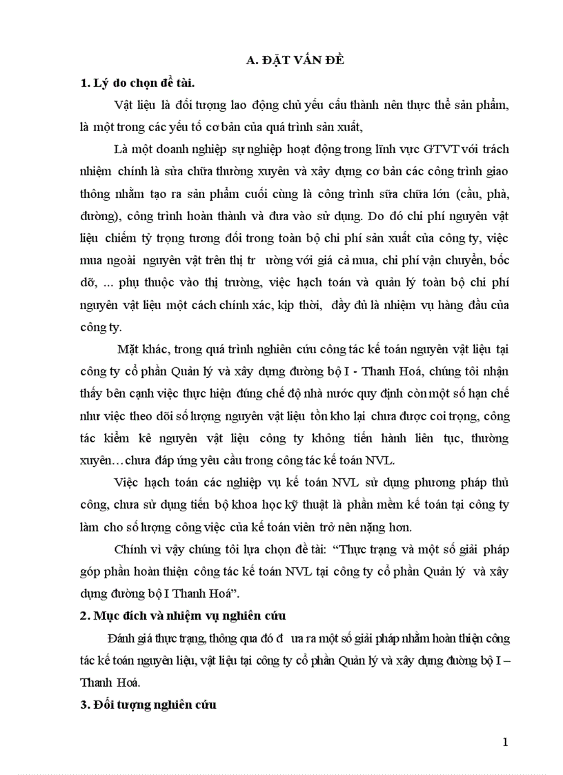 Thực trạng và một số giải pháp góp phần hoàn thiện công tác kế toán NVL tại công ty cổ phần Quản lý và xây dựng đường bộ I Thanh Hoá