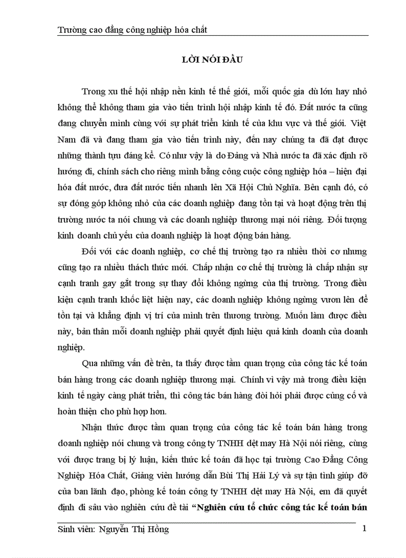 Nghiên cứu tổ chức công tác kế toán bán hàng tại công ty TNHH dệt may Hà Nội 1