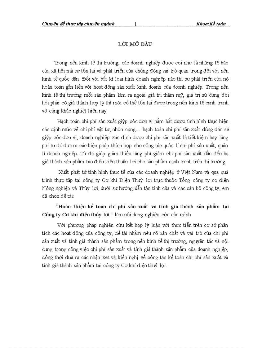 Hoàn thiện kế toán chi phí sản xuất và tính giá thành sản phẩm tại Công ty Cơ khí điện thủy lợi