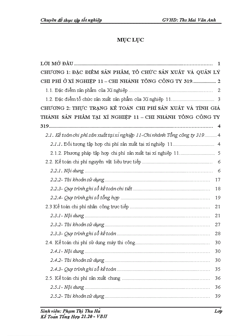 Hoàn thiện kế toán tập hợp chi phí sản xuất và tính giá thành sản phẩm tại xí nghiệp 11 Chi nhánh Tổng công ty 319