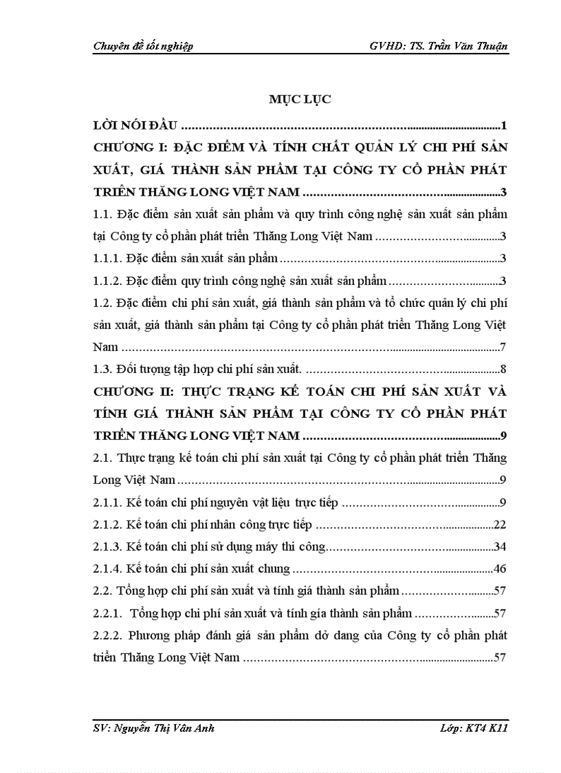 Kế toán chi phí sản xuất và tính giá thành sản phẩm tại Công ty cổ phần phát triển Thăng Long Việt Nam