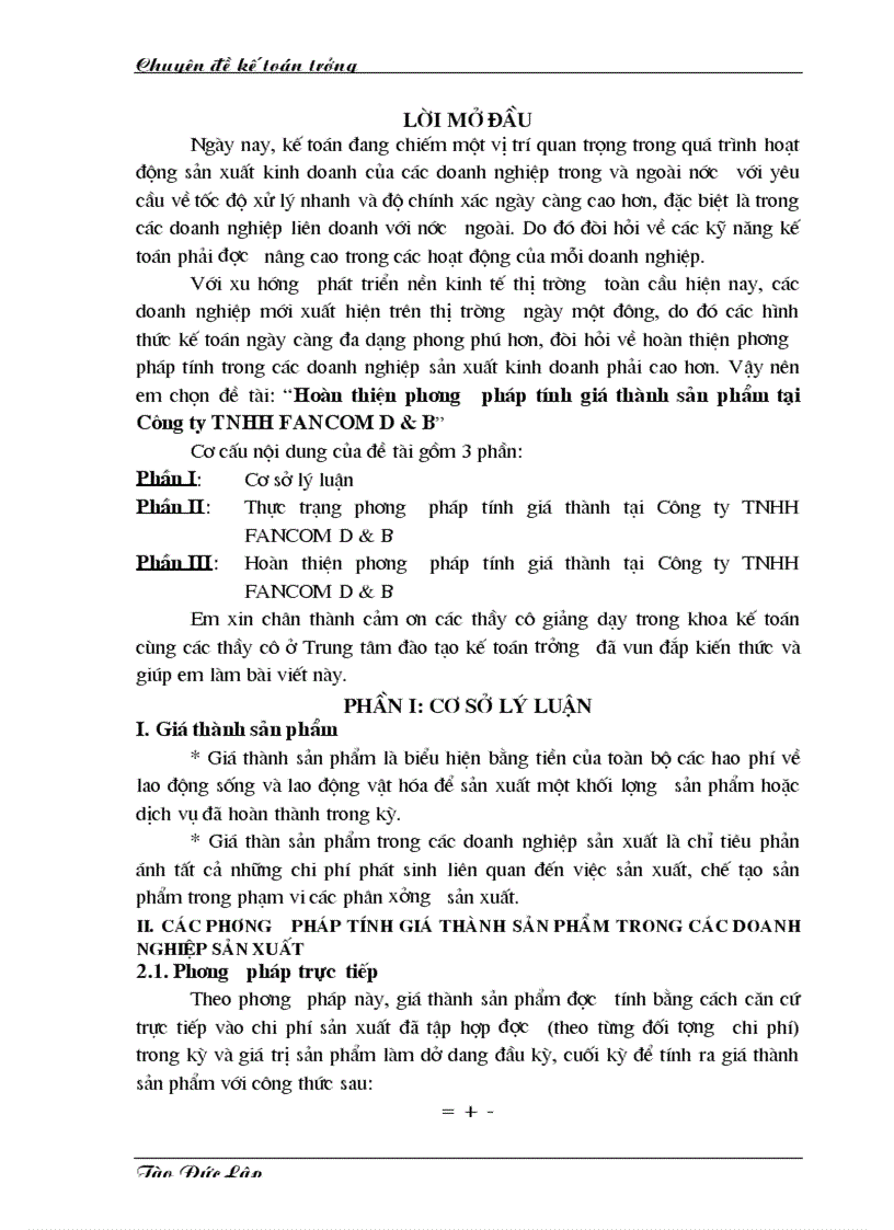 Hoàn thiện phương pháp tính giá thành sản phẩm tại Công ty TNHH FANCOM D B