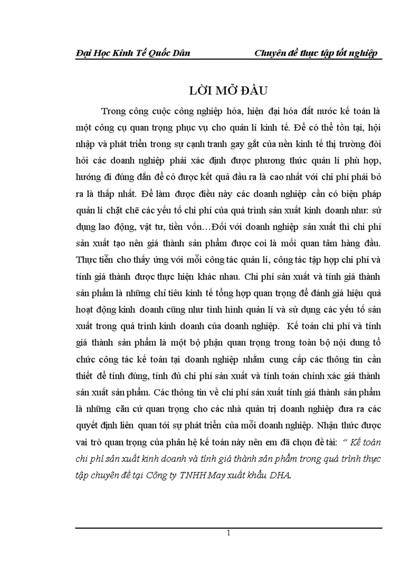 Kế toán chi phí sản xuất kinh doanh và tính giá thành sản phẩm trong quá trình thực tập chuyên đề tại Công ty TNHH May xuất khẩu DHA 1